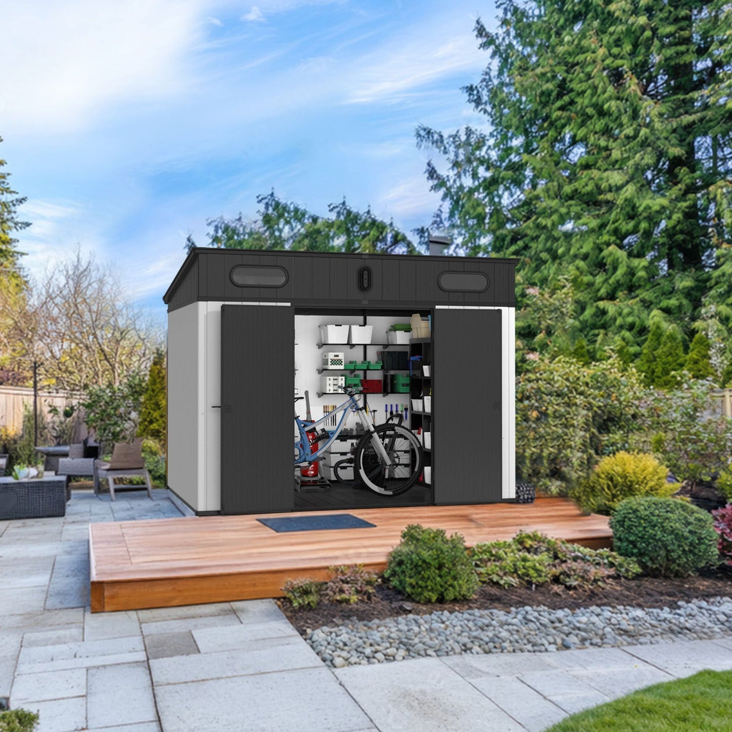 [07X10FT] Alora Heavy-Duty Weather-Resistant Polypropylene Storage Shed With Floor And Reinforced Steel Frame (SAK67455)