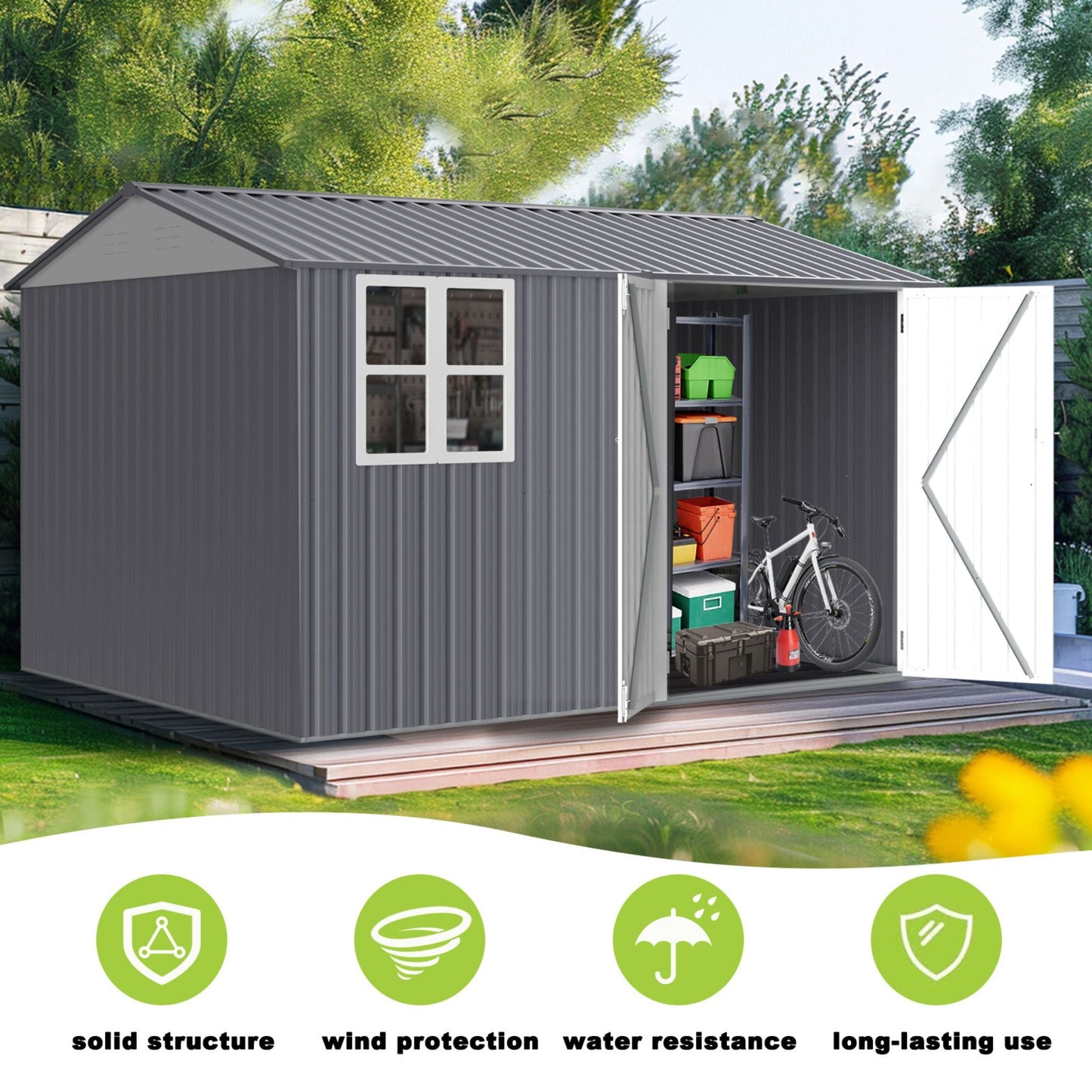[08X10FT] Alora Outdoor Garden Tool Shed With Thickened Galvanized Steel, Sloped Roof, Vents And Double Lockable Doors (SAK66582)