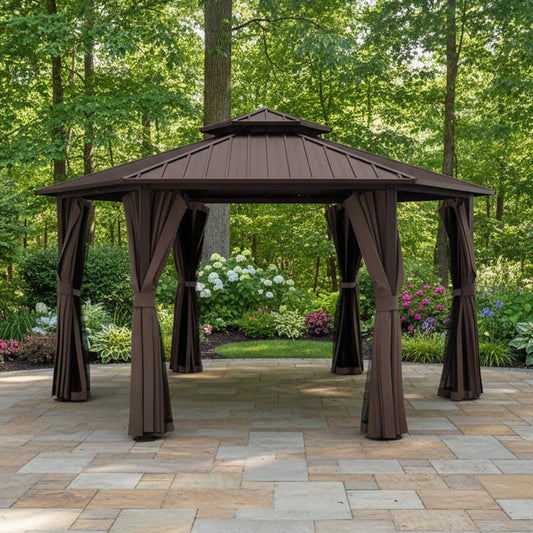 [13X15FT] Alora Hardtop Hexagonal Gazebo With Curtains And Netting