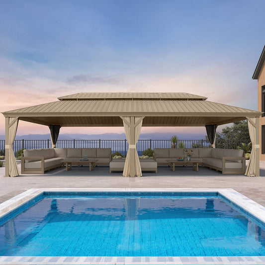 [14X28FT] Alora Extra-Large Hardtop Gazebo With Galvanized Steel Double Roof, Curtains And Netting (SAK85731)