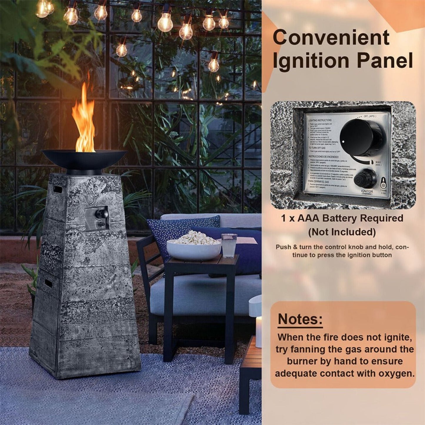 48-Inch Large Outdoor Propane Fire Bowl Column With Cover & Lava Rocks (SAK70938)