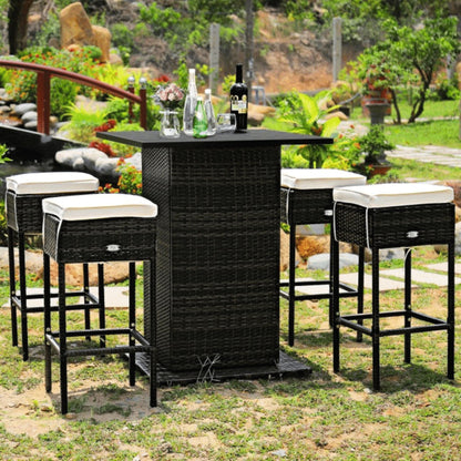 Alora 5-Piece Patio Rattan Bar Table Stool Set With Hidden Storage Shelf & Cushions (SAK14645)