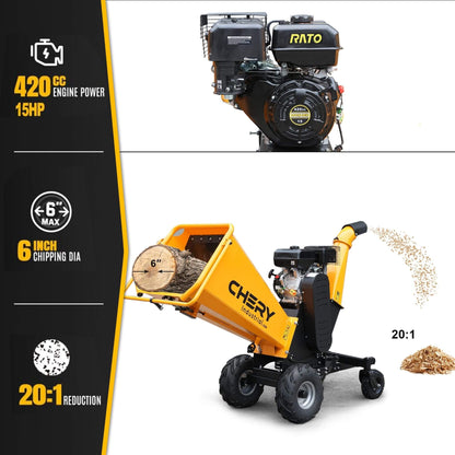 Heavy-Duty 6-Inch 420CC 15HP Gas Wood Chipper Shredder Mulcher With Tow Bar & Safety Stop Bar (SAK42731)