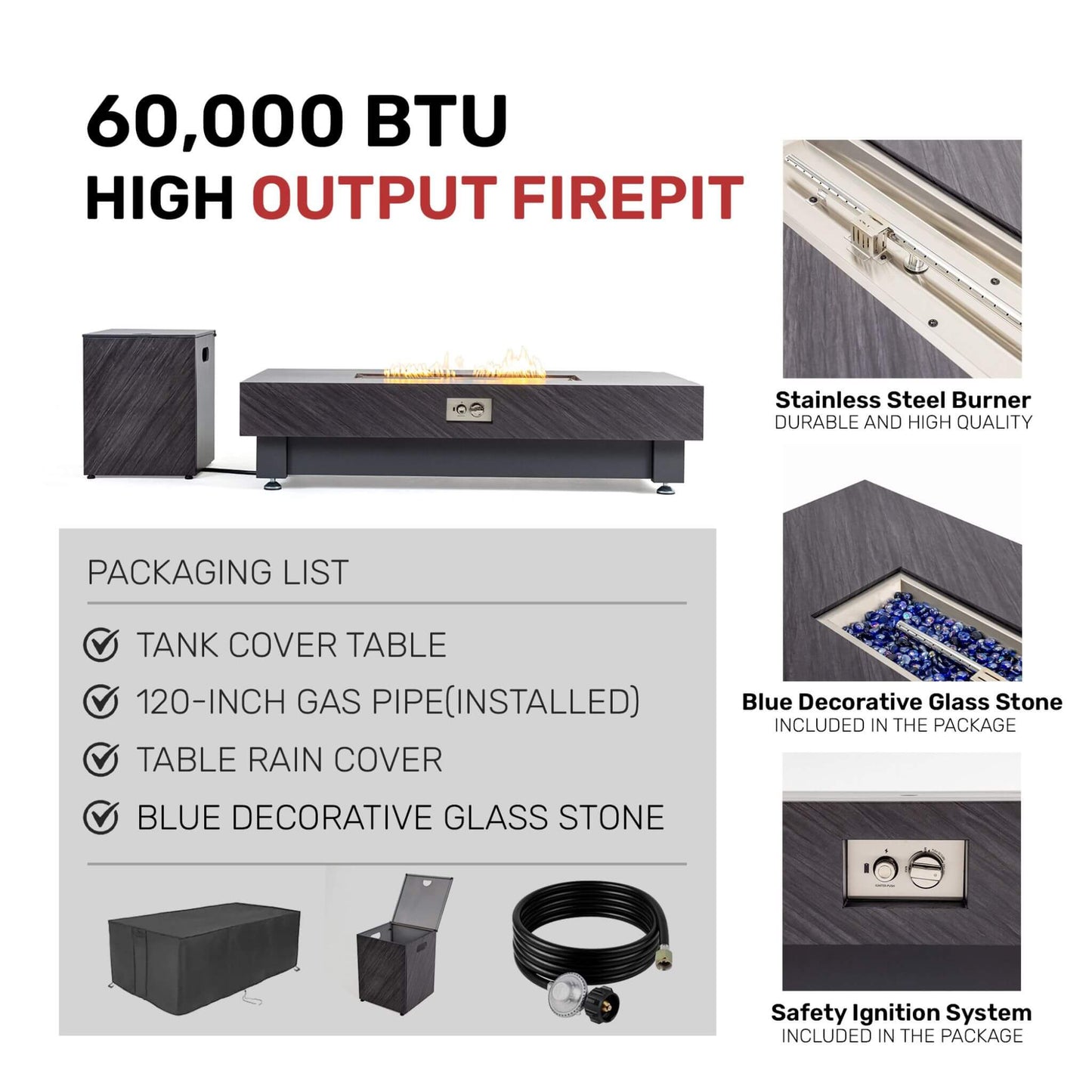Alora Premium 60-Inch Rectangular Outdoor Modern Propane Fire Pit Table With Rain Cover (SAK91273)