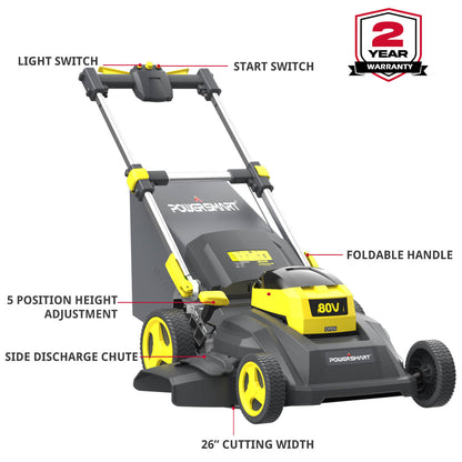 80V 26" Brushless Cordless Self-Propelled Lawn Mower w/ Battery & Charger PS76826