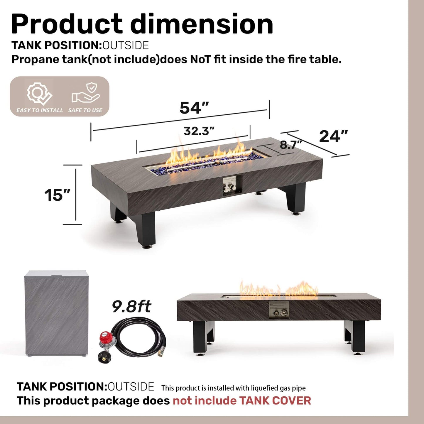 Alora 54-Inch Modern Outdoor Propane Fire Pit Table With Waterproof Cover (SAK42628)
