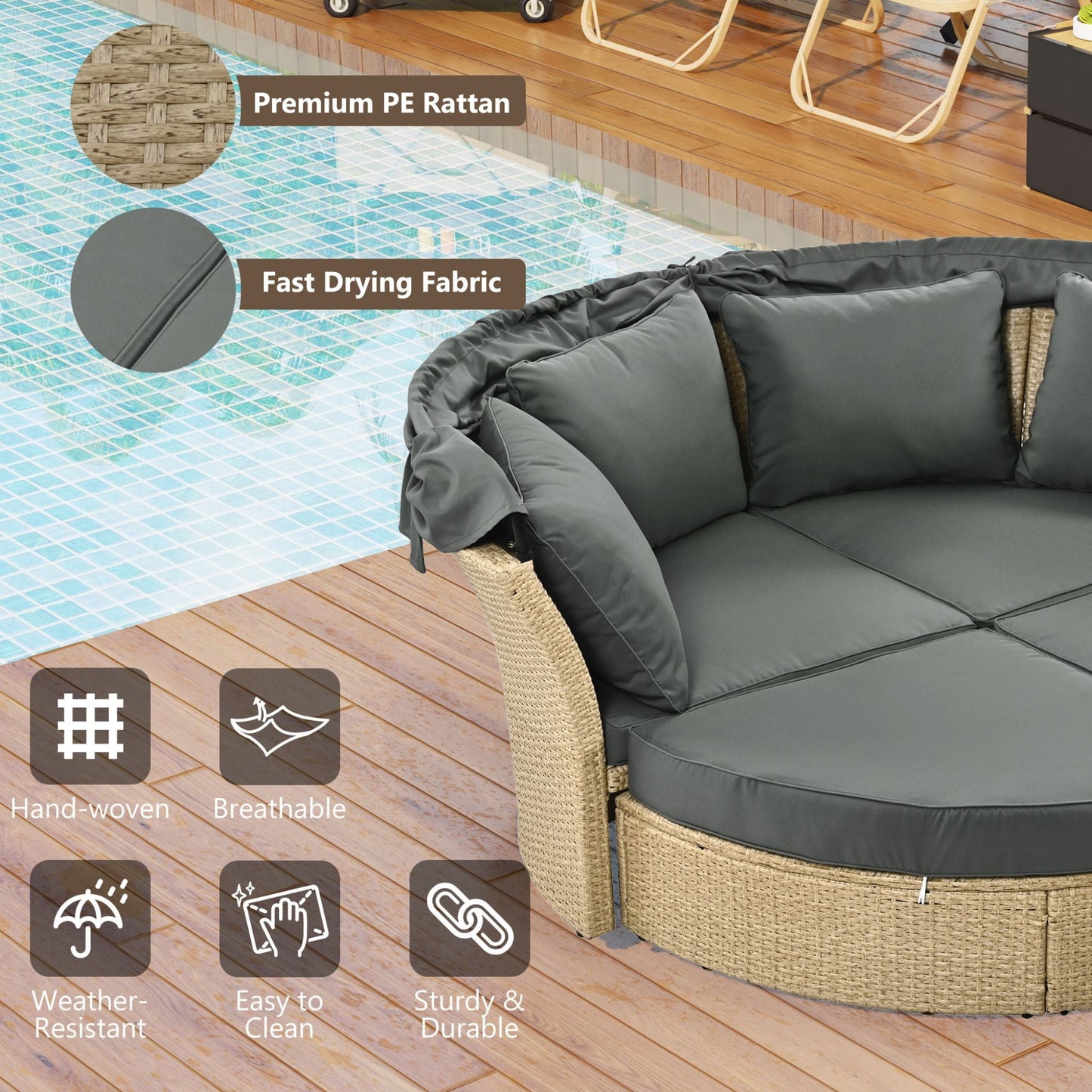Alora Premium Outdoor Garden Wicker Rattan Patio Daybed With Retractable Canopy (SAK43581)