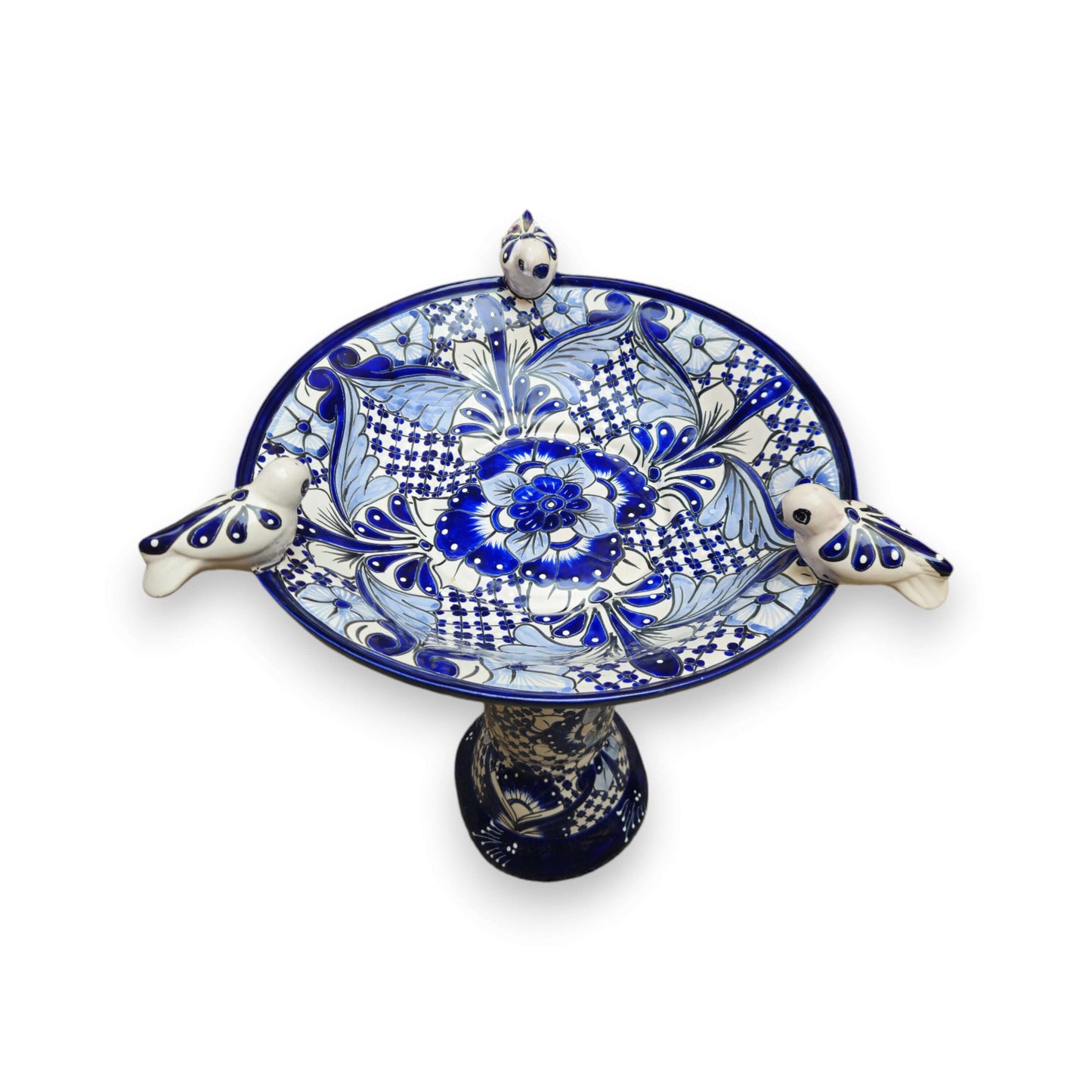 Blue & White Talavera Frog Fountain with Rim Birds | Mexican Garden