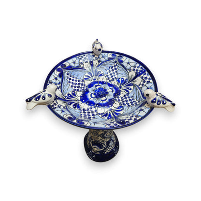 Blue & White Talavera Frog Fountain with Rim Birds | Mexican Garden
