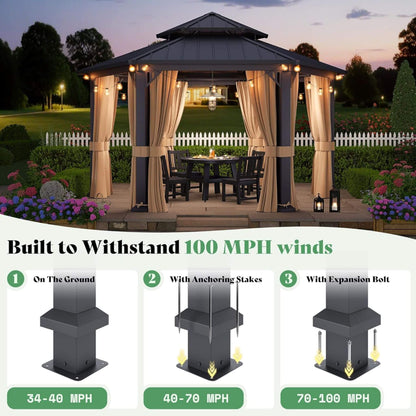 [13X15FT] Alora Double-Tier Hexagonal Metal Hardtop Patio Gazebo With Curtains (SAK84137)