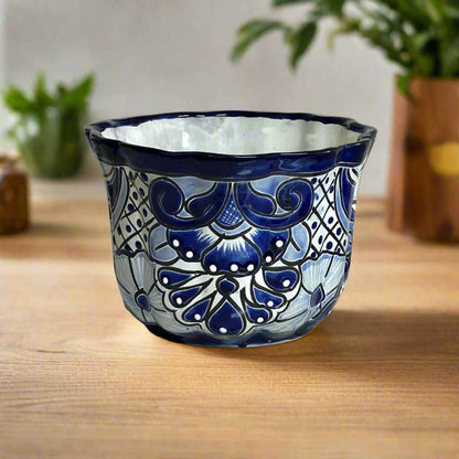 Talavera Flower Pot | Handmade Blue & White Mexican Ceramic