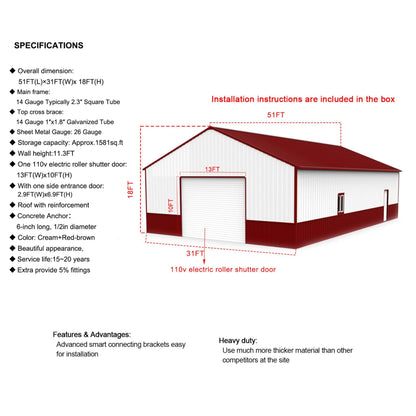 [31X51FT] Alora Heavy-Duty Outdoor Steel Garage Barn Storage Shed (SAK83146)