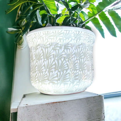 Large Mexican Talavera Hand-Painted Flower Pot | White Floral Design