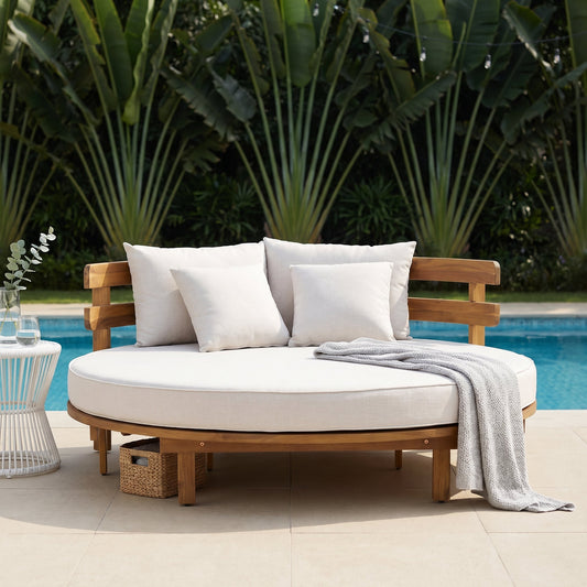 Alora Luxury Outdoor Acacia Wood Round Daybed With Cushions And Pillows