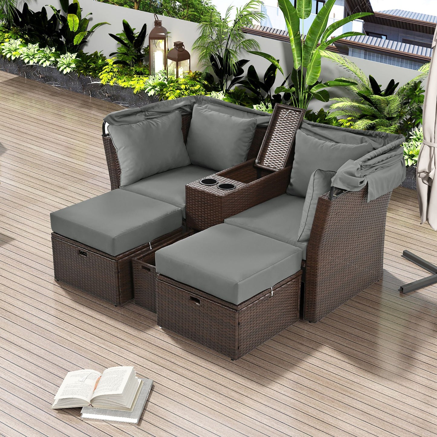 Alora Premium Outdoor 2-Seater Patio Daybed With Foldable Awning, Cushions, And Rattan Frame (SAK90233)