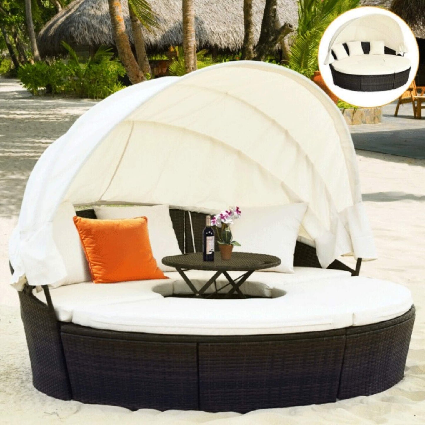 Alora Premium 76-Inch Round Outdoor Patio Rattan Daybed W/ Canopy & Table (SAK96418)