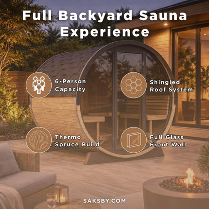 SaunaLife Model EE8G Ergo Series 6-Person Outdoor Sauna Barrel With Tempered Glass Front [SL-MODELEE8G] (SAK95812)