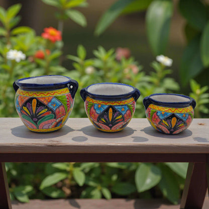 Small Cobalt Blue Rim Talavera Pot Trio | Hand-Painted Planters