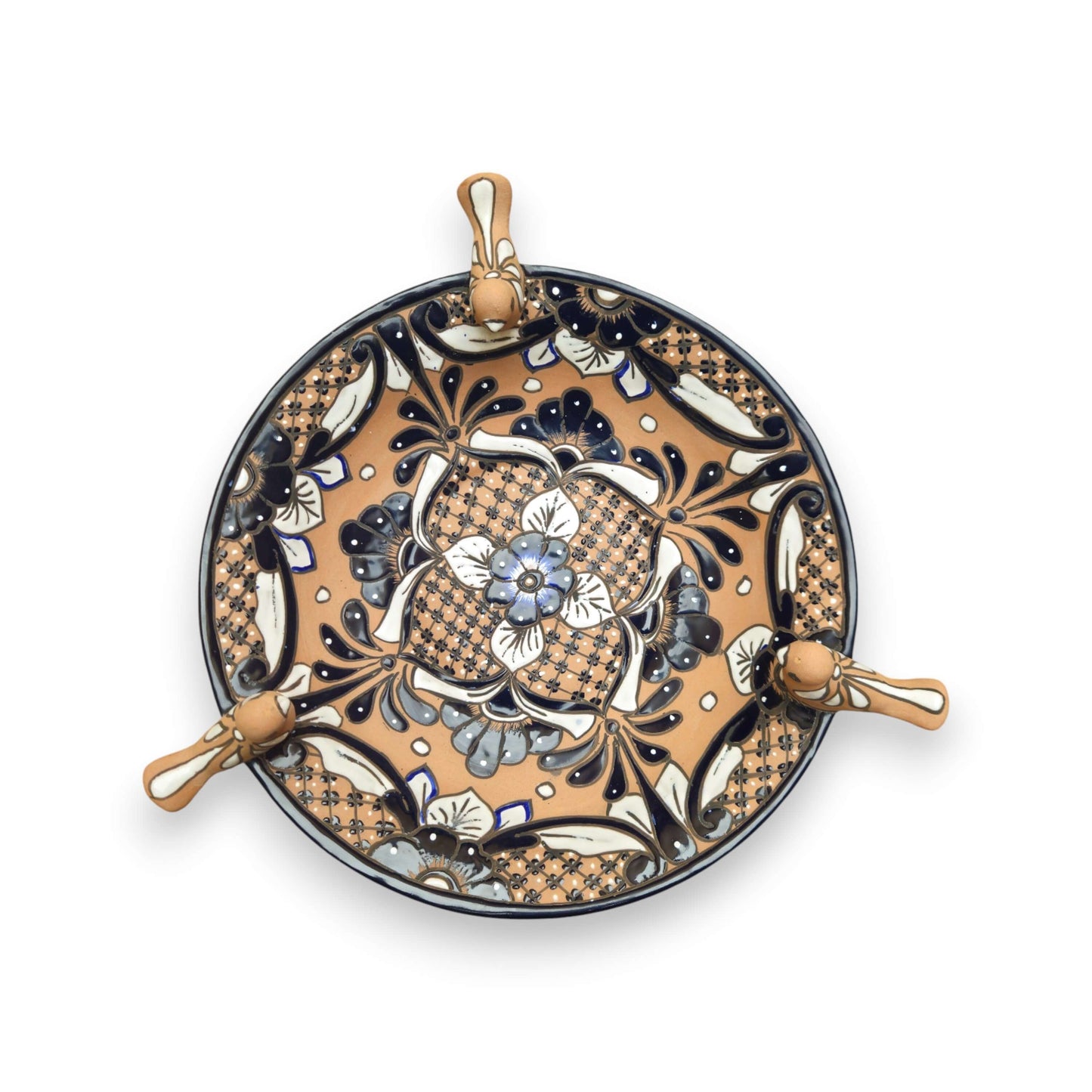 Terracotta Talavera Bird Bath | Black & Blue Hand-Painted Design