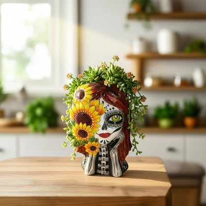 Talavera Sunflower Skull Planter | Handmade Day of the Dead Pot